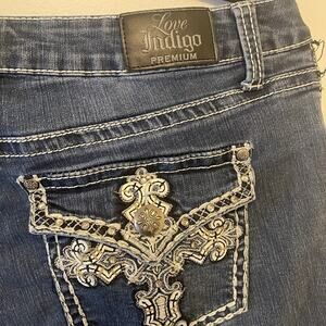 Love Indigo Premium Jeans Women 12 Embellished Denim Dark Blue Flare Y2K MidRise